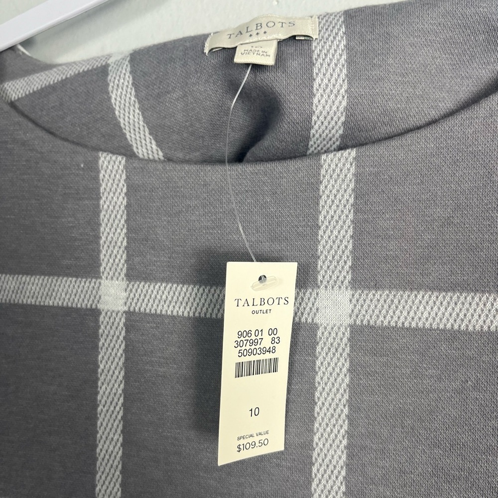 NWT Talbots Women's Gray Grid Check Midi Sheath Dress Bell Sleeves size 10 - Picture 2 of 4